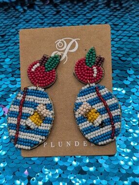Plunder Red Apple & Blue-White Striped Beaded Drop Earrings School Theme NEW!